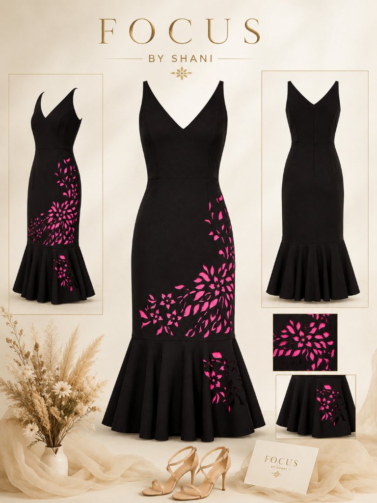 White Tie By Shani Laser Cut Flounce Hem Black Pink Midi Dress Size 10 Nwt